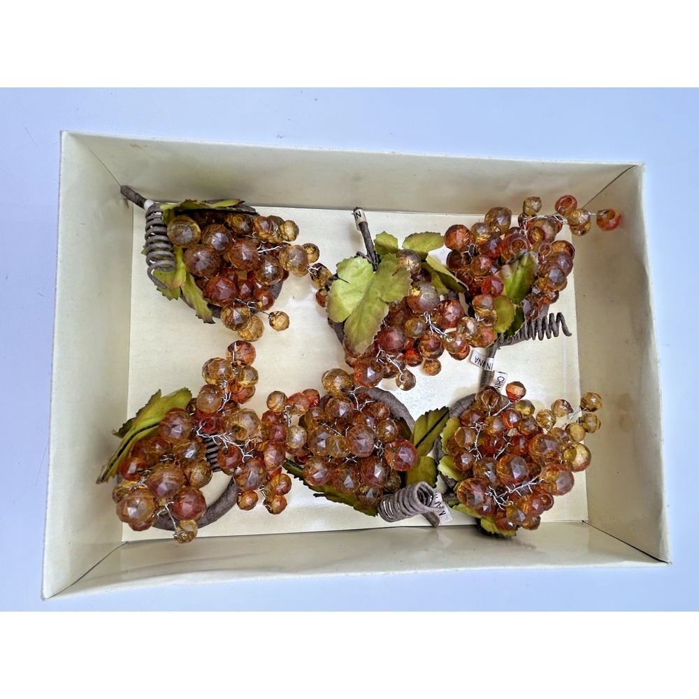 Premium Vintage Faceted Napkin Ring Beaded Fruit Grapes Set Of 6 Gold